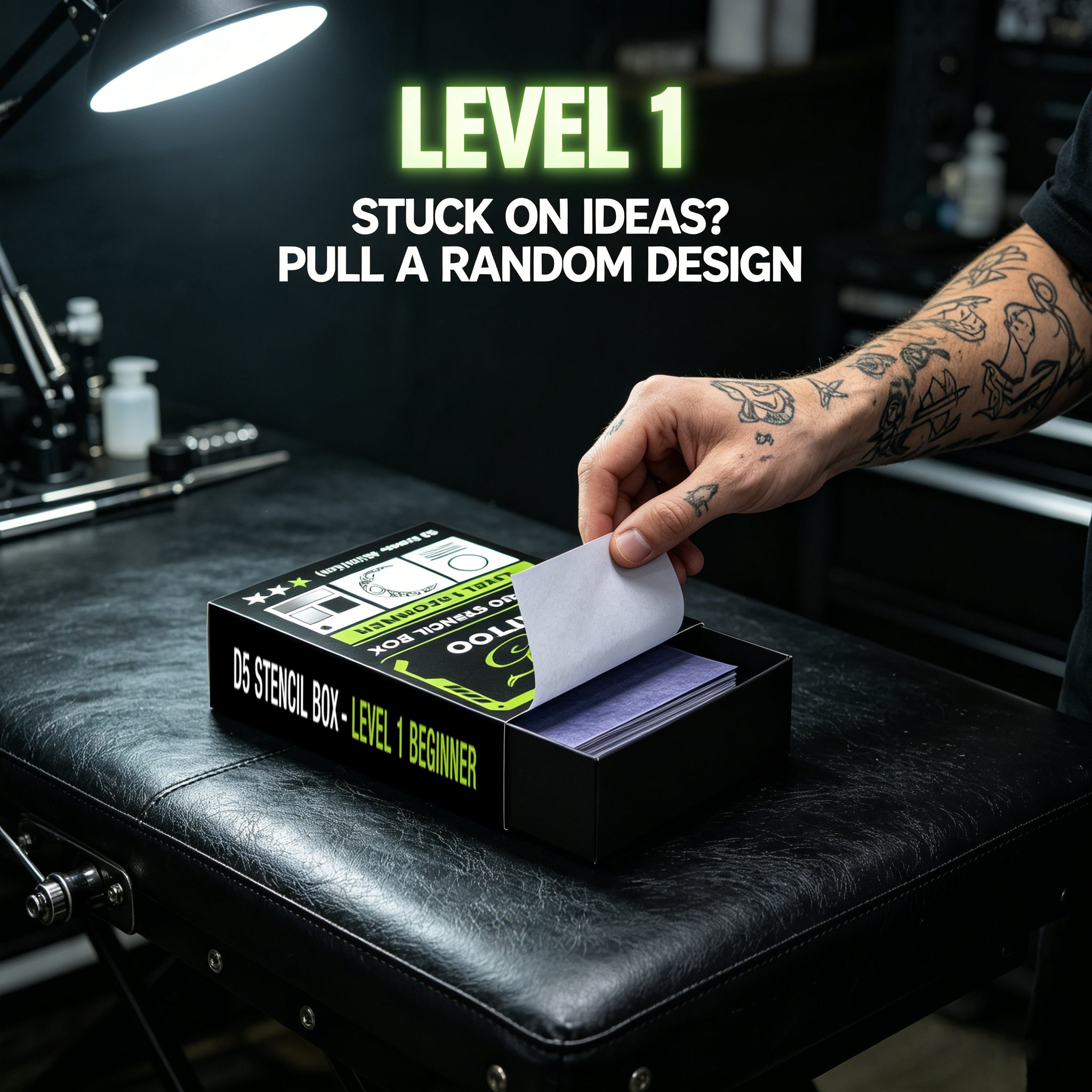 D5 Tattoo Stencil Box - 50 Sheets A6 Tattoo Transfer Paper for Practice Skin, Level 1 Beginner Random Challenge Kit, Removable Tattoo Transfers, Premium Slide-Out Drawer Packaging (4"x6")