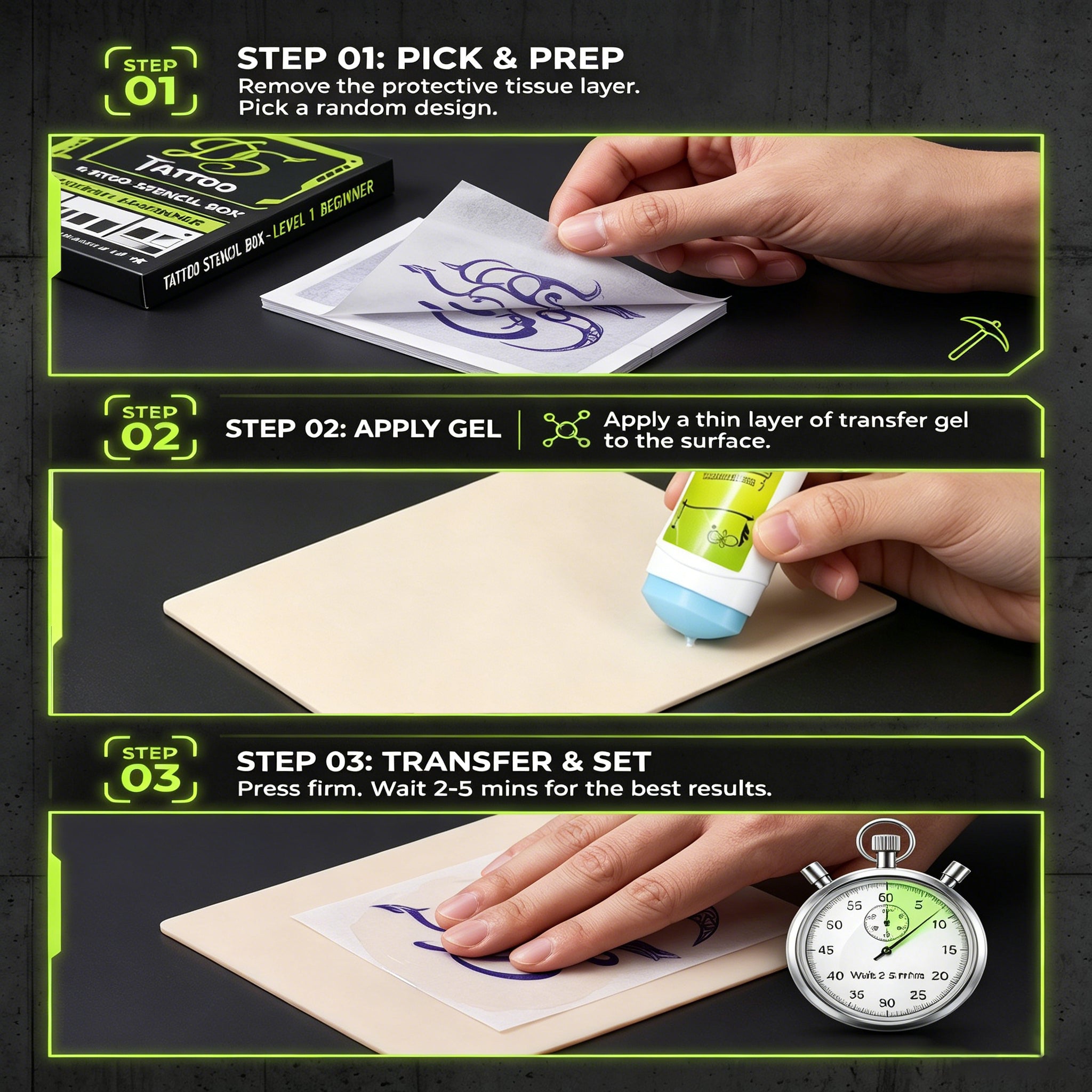 D5 Tattoo Stencil Box - 50 Sheets A6 Tattoo Transfer Paper for Practice Skin, Level 1 Beginner Random Challenge Kit, Removable Tattoo Transfers, Premium Slide-Out Drawer Packaging (4"x6")