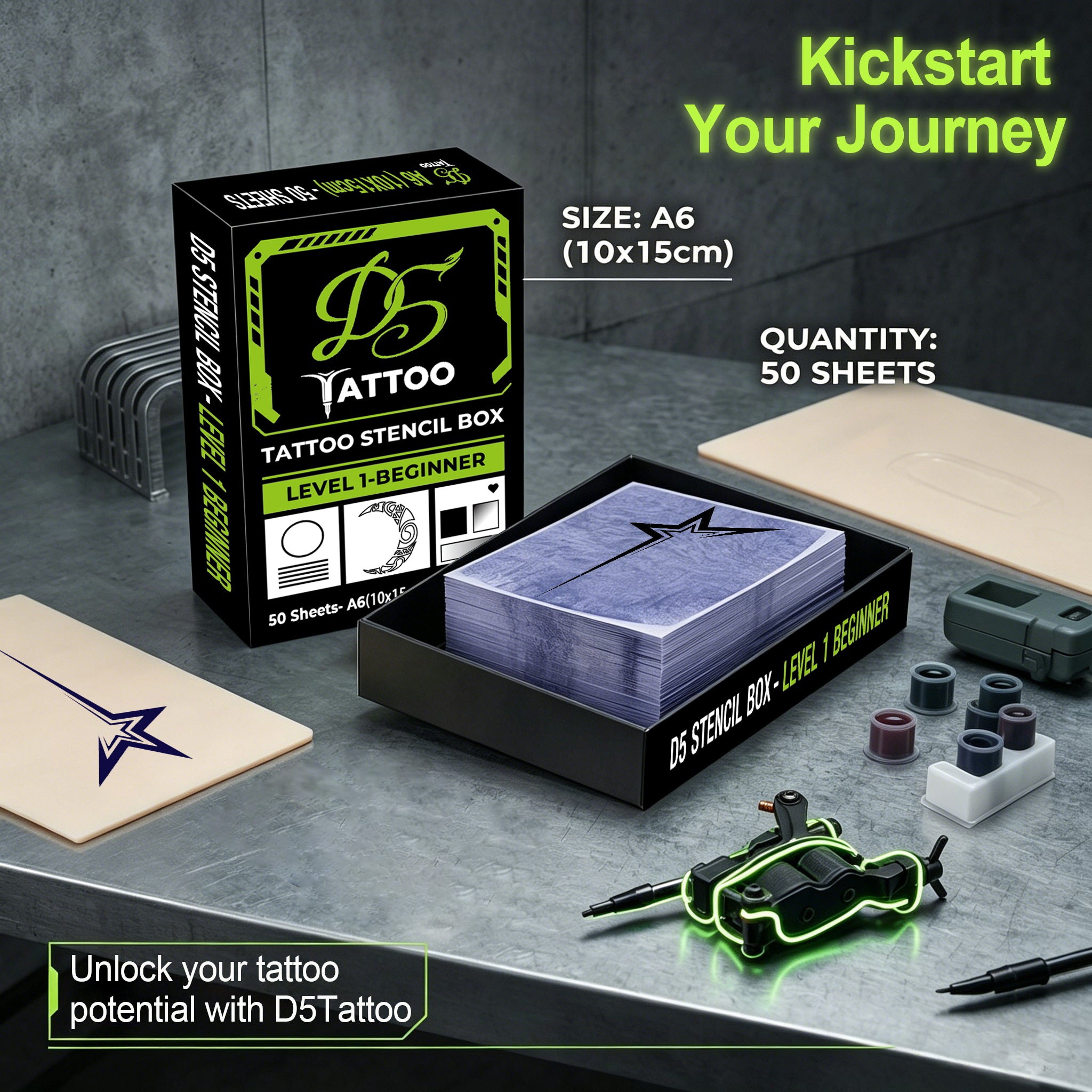D5 Tattoo Stencil Box - 50 Sheets A6 Tattoo Transfer Paper for Practice Skin, Level 1 Beginner Random Challenge Kit, Removable Tattoo Transfers, Premium Slide-Out Drawer Packaging (4"x6")