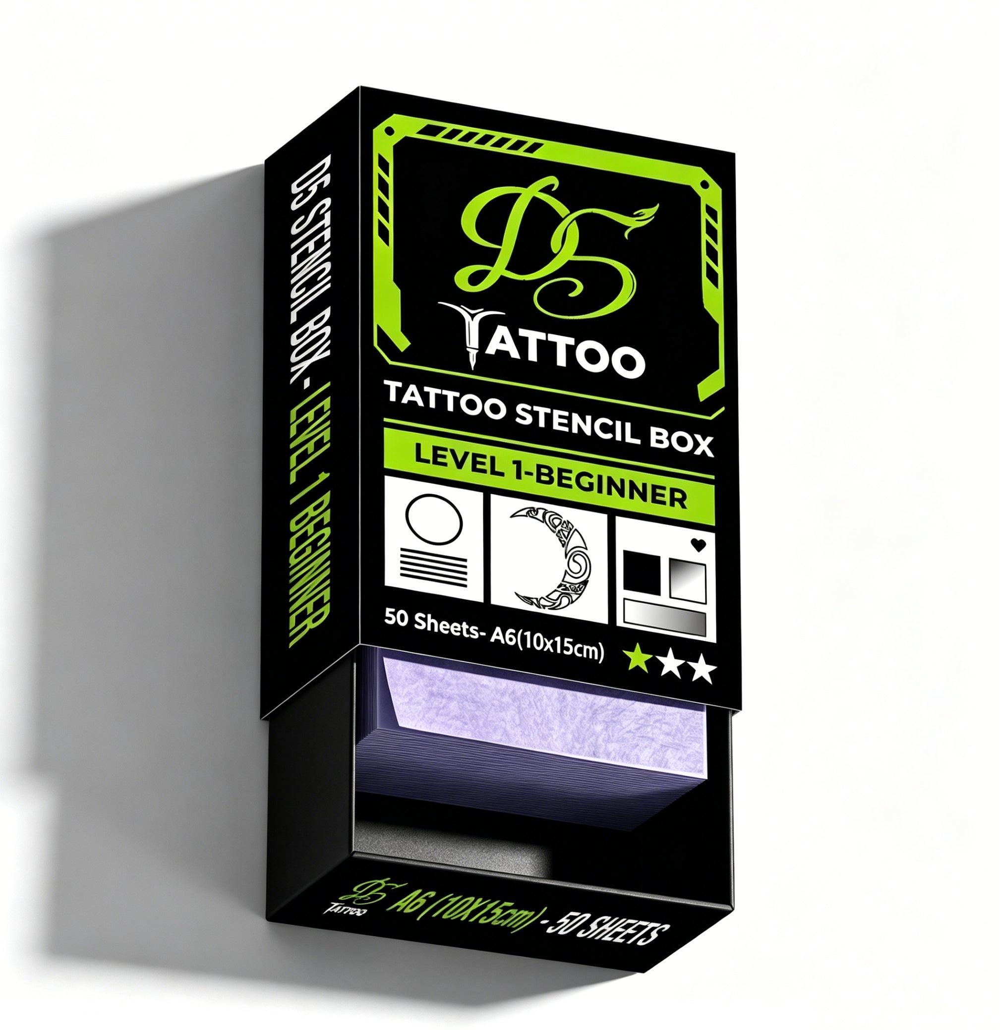 D5 Tattoo Stencil Box - 50 Sheets A6 Tattoo Transfer Paper for Practice Skin, Level 1 Beginner Random Challenge Kit, Removable Tattoo Transfers, Premium Slide-Out Drawer Packaging (4"x6")