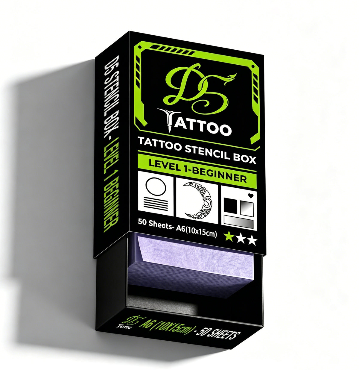 D5 Tattoo Stencil Box - 50 Sheets A6 Tattoo Transfer Paper for Practice Skin, Level 1 Beginner Random Challenge Kit, Removable Tattoo Transfers, Premium Slide-Out Drawer Packaging (4"x6")