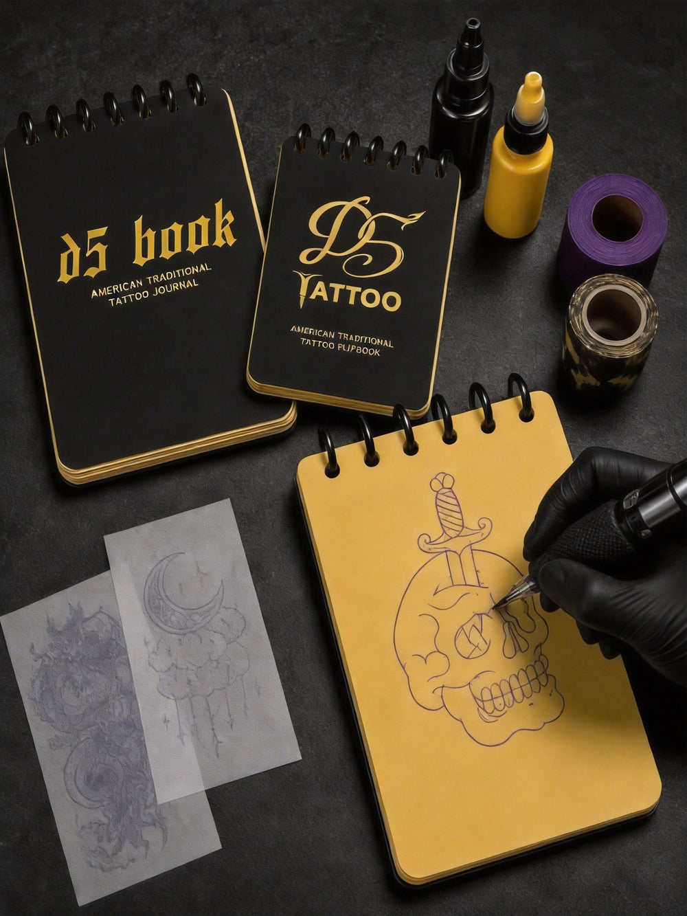 Tattoo artist practicing linework on a yellow D5 silicone page