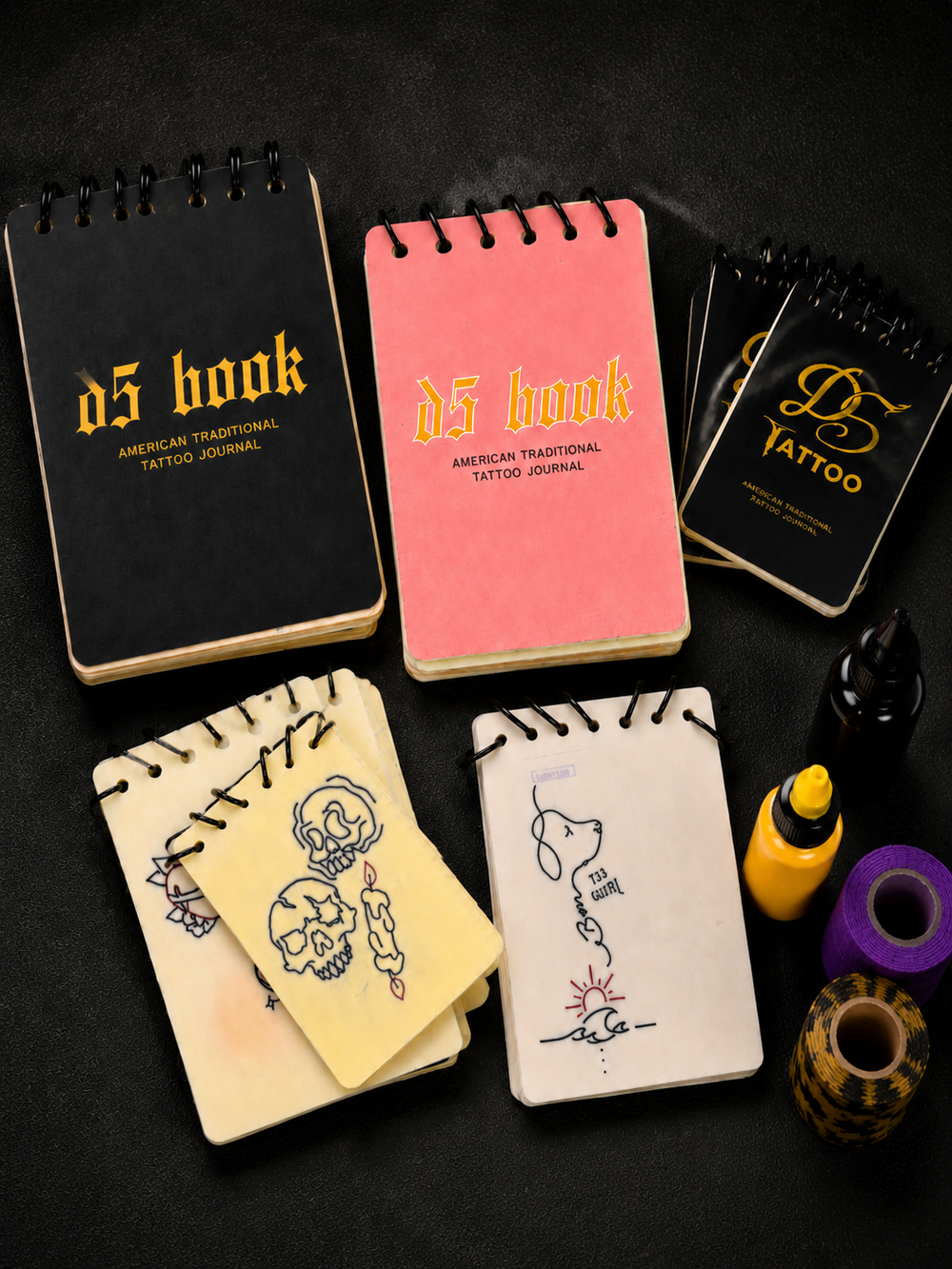 Completed tattoo practice work kept inside a D5 flipbook
