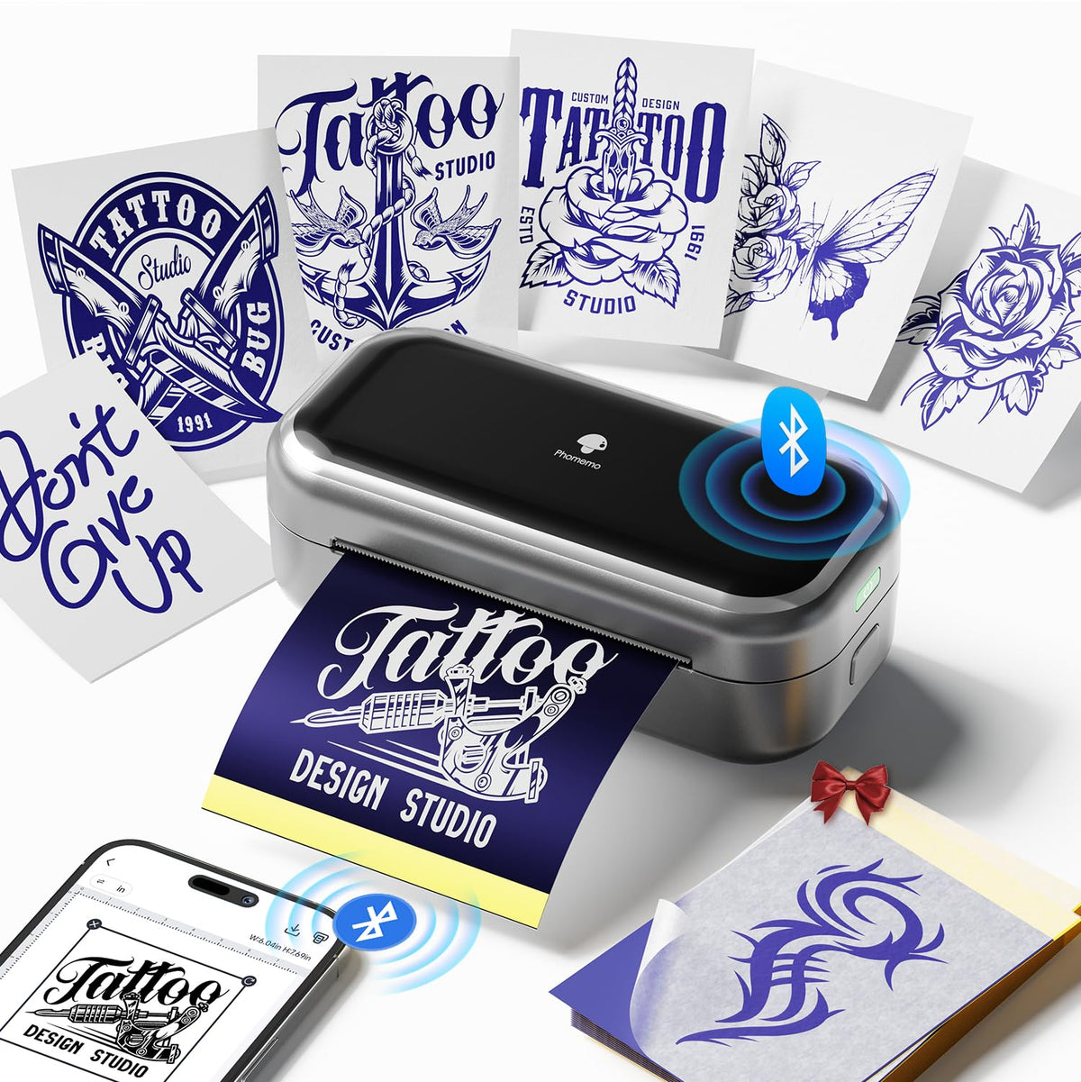 Small Wireless Tattoo Stencil Printer with 10pcs Transfer Paper, Compatible with Phone & Tablet, Bluetooth Mini Thermal Tattoo Printer Machine for Artists & Beginners